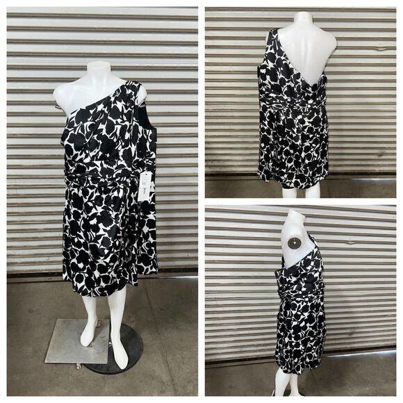David’s Bridal cocktail black and white geometric one shoulder dress - Picture 1 of 7